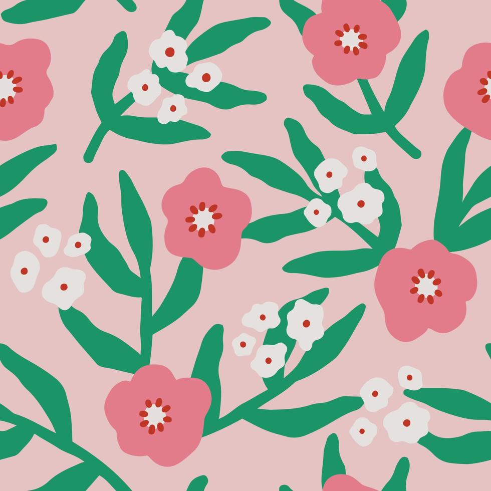 Simple hand drawn seamless pattern with pink flowers vector