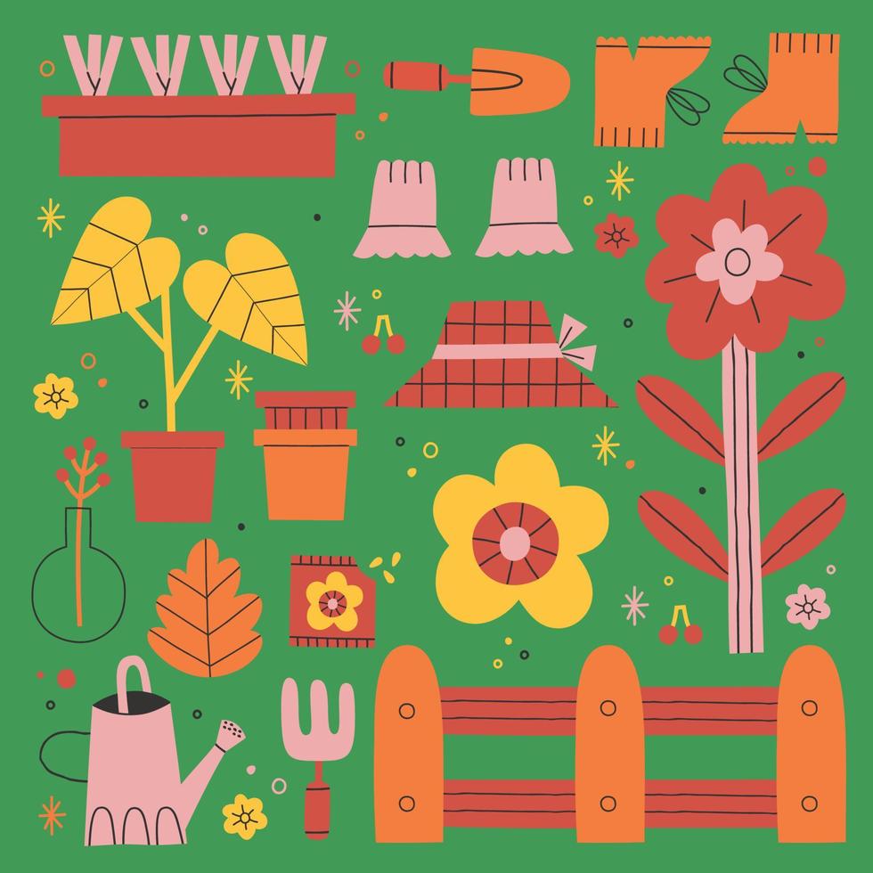 divertido juego de jardinería en vector. lindas flores, plantas, herramientas de jardinería en color claro vector