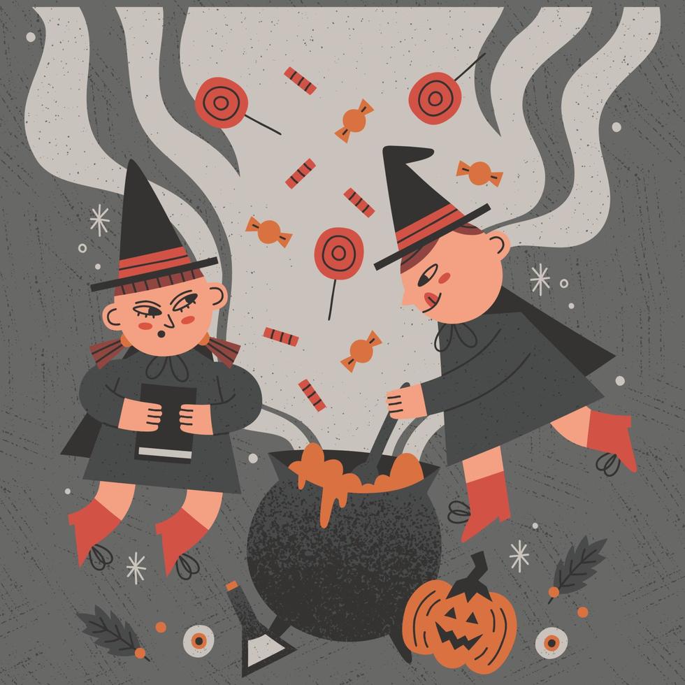 Handdrawn halloween illustration of cute witches flying with candy vector