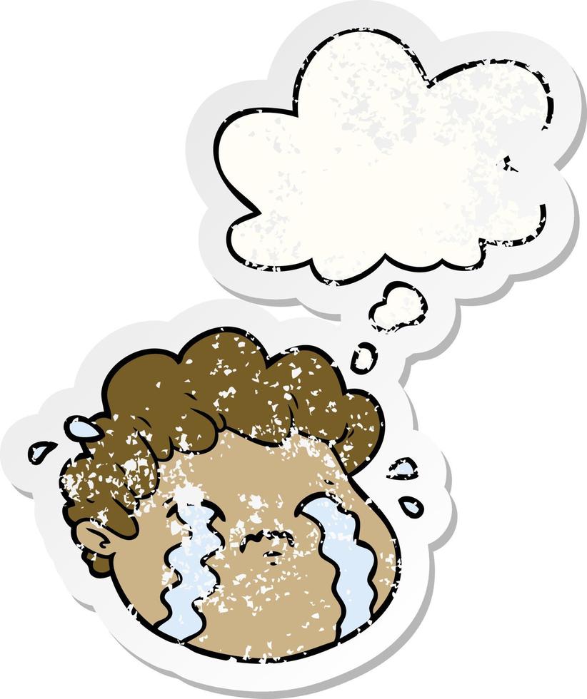 cartoon crying boy and thought bubble as a distressed worn sticker vector