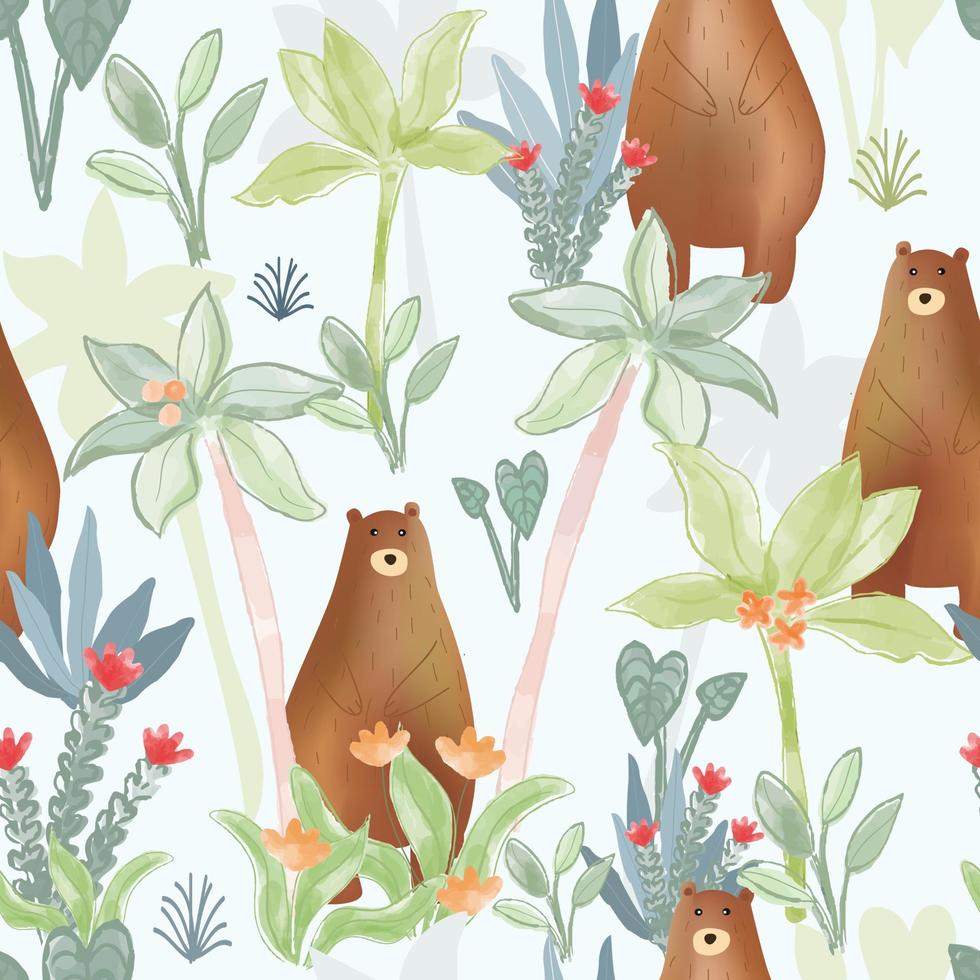 Cute teddy bear in tropical forest seamless pattern vector