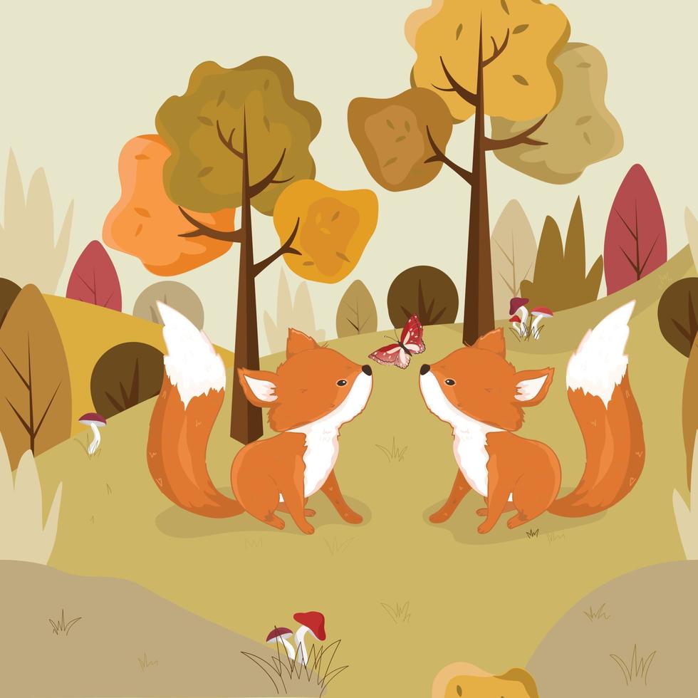 lindo un par lobo zorro en el bosque vector