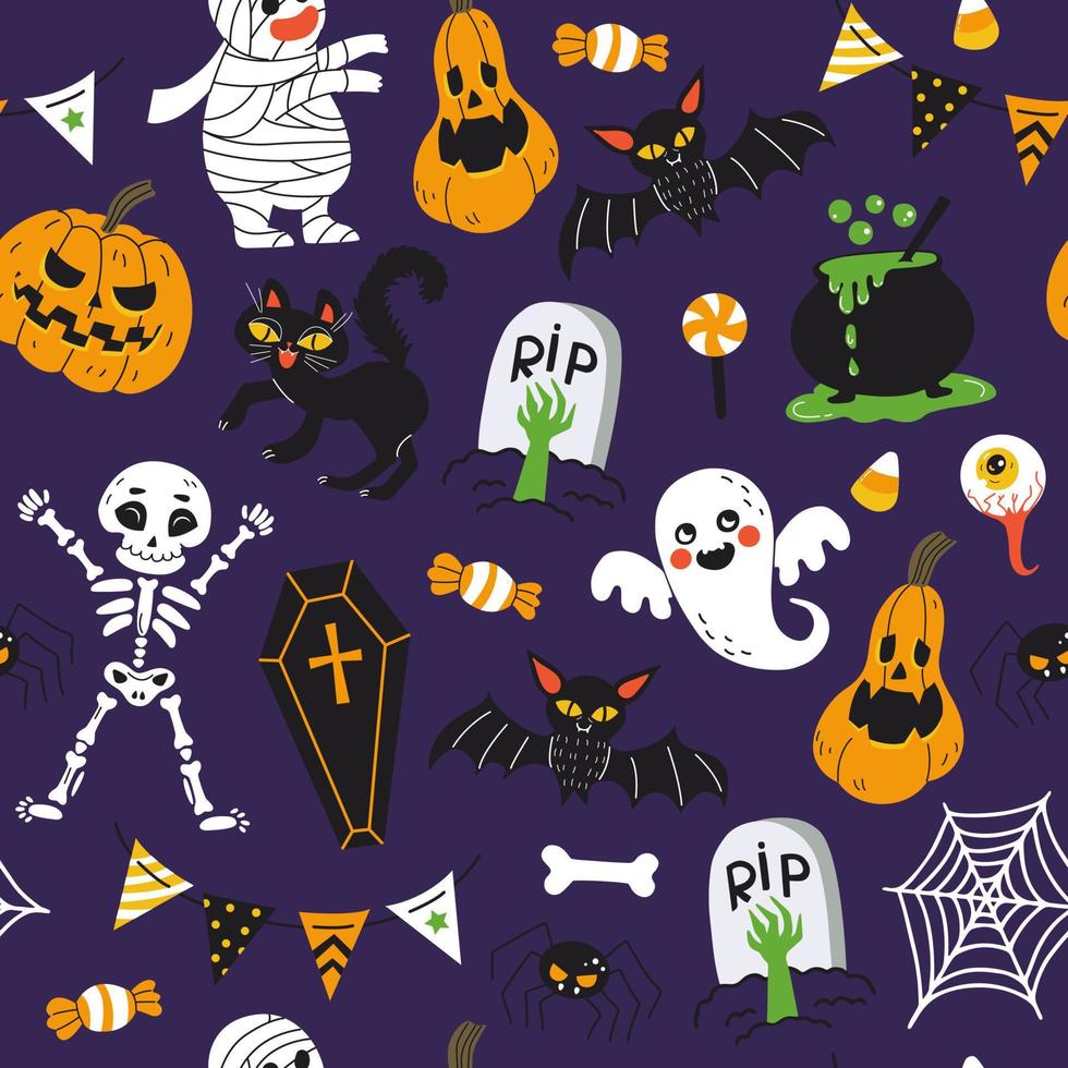 Halloween festive seamless pattern. Endless background with pumpkins, skeletons, bats, spiders, ghosts, bones, candy, zombies, eyes, tombstone and cats. Hand drawn vector illustration.