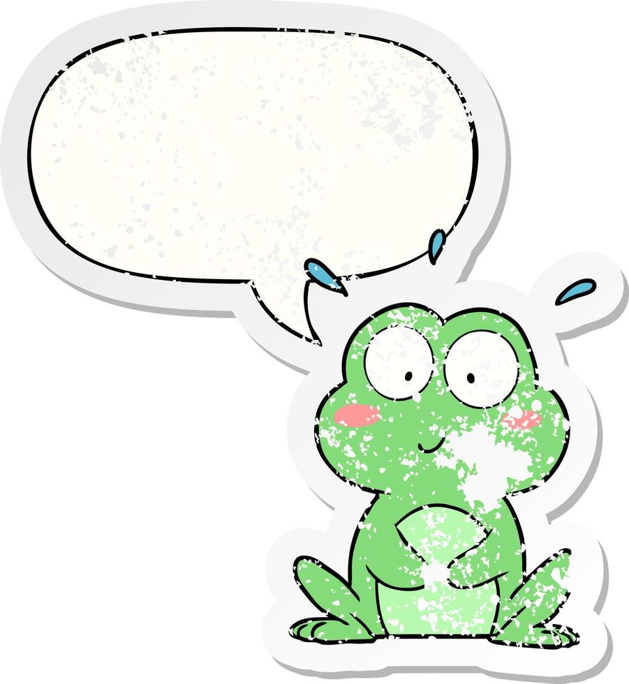 cute cartoon frog and speech bubble distressed sticker vector