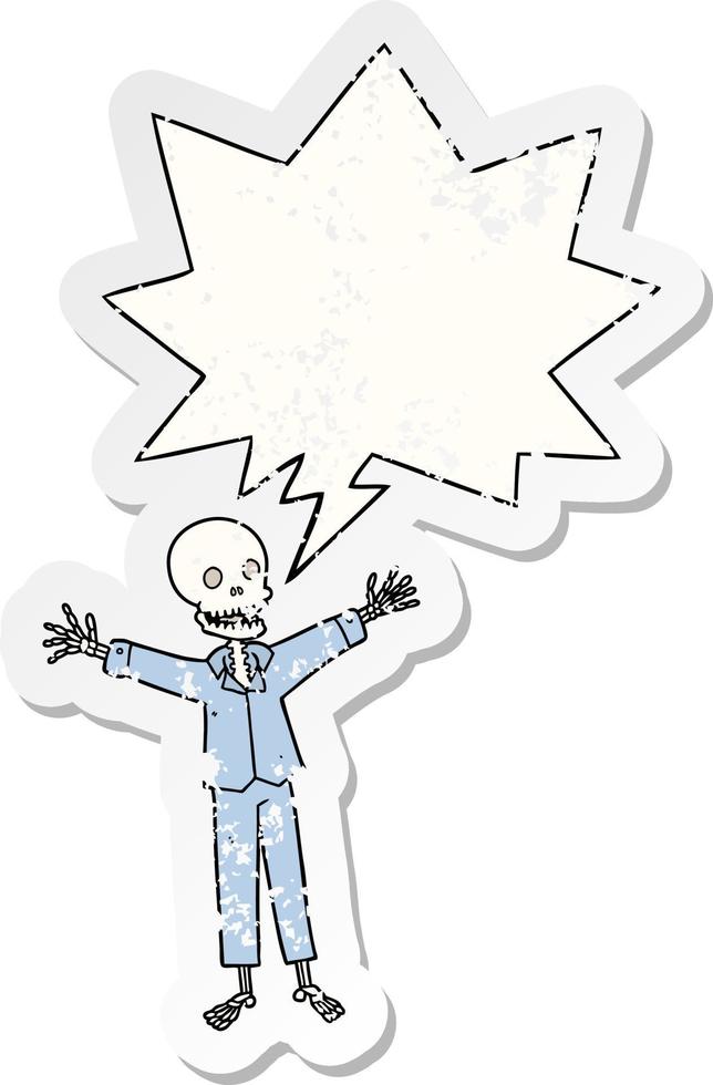 cartoon skeleton wearing pajamas and speech bubble distressed sticker vector