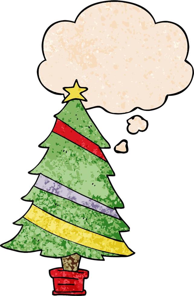 cartoon christmas tree and thought bubble in grunge texture pattern style vector