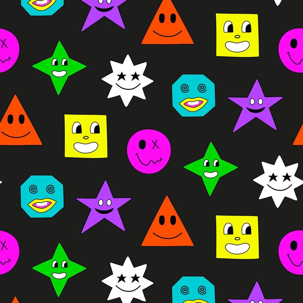 Psychedelic trippy acid rave pattern. Trendy abstract smiles in cartoon style. Seamless 60s, 70s, hippie background for textiles, postcards, posters, invitations, design. vector