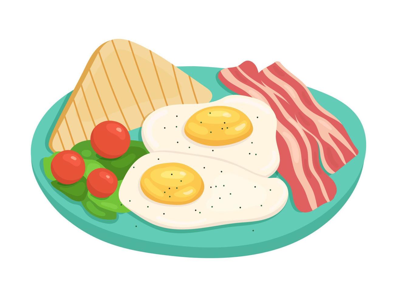 English traditional breakfast of scrambled eggs, bacon and toast with vegetables. Vector illustration of food.
