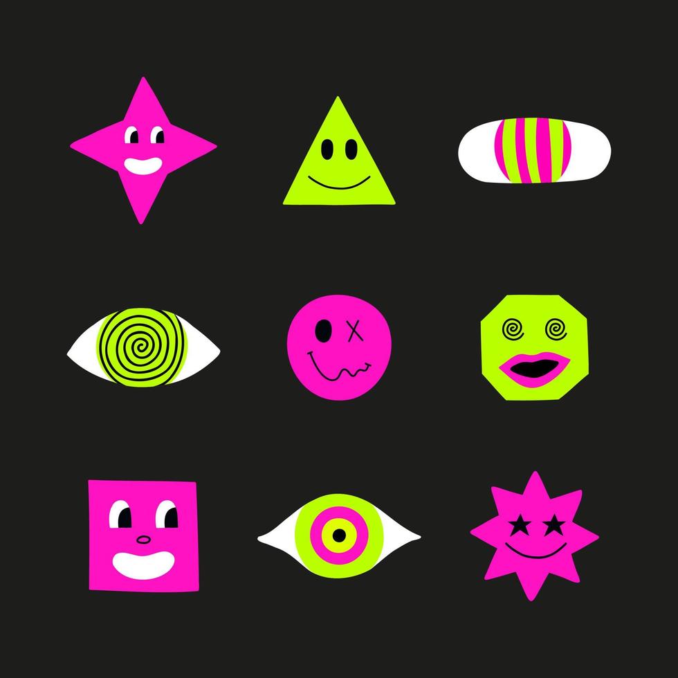 Estampado psicodélico Trippy Acid Rave Set. sonrisas abstractas de moda, emoji y ojos en estilo de dibujos animados. 60s, 70s, elementos hippies vector