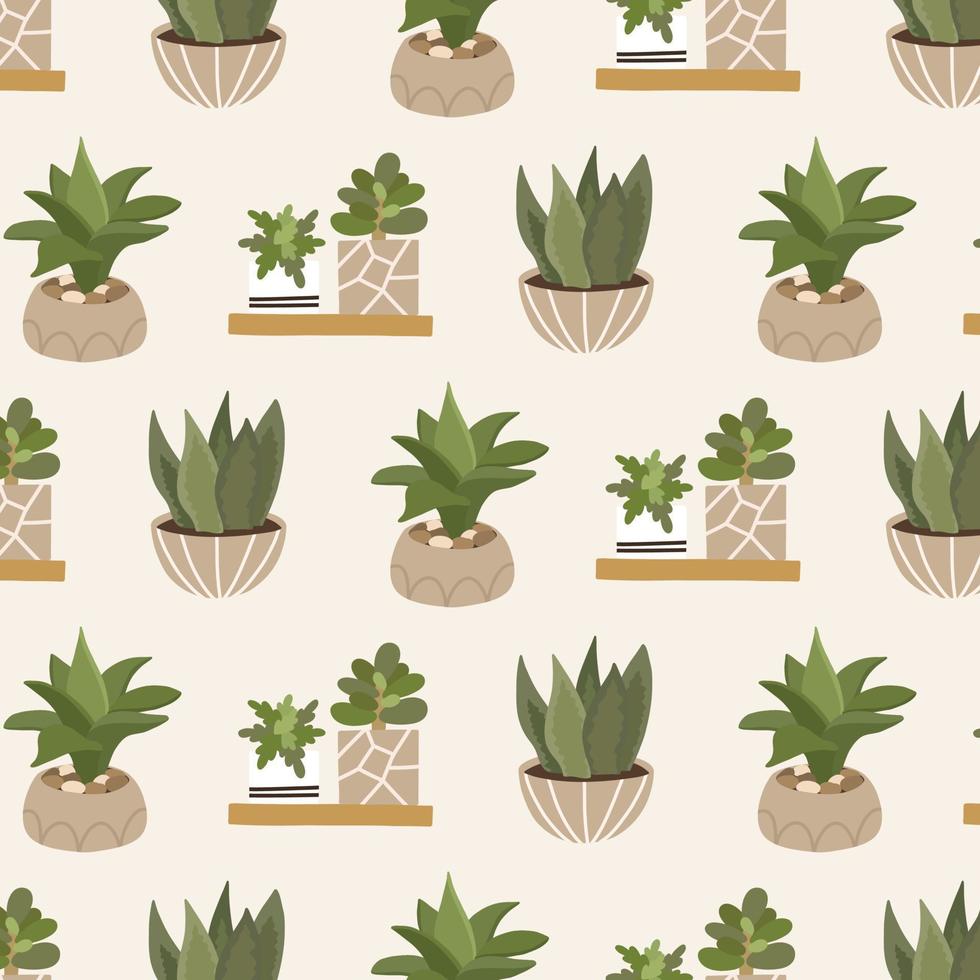 Trendy scandinavian boho seamless pattern with potted plants for home. Cozy home garden background furnished in hygge style for textiles, postcards, posters, invitations, design. vector