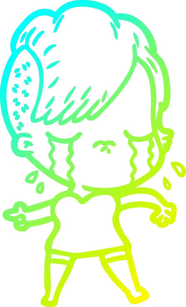 cold gradient line drawing cartoon crying girl vector