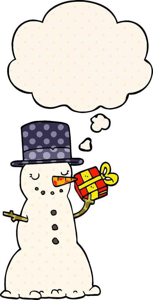 cartoon christmas snowman and thought bubble in comic book style vector