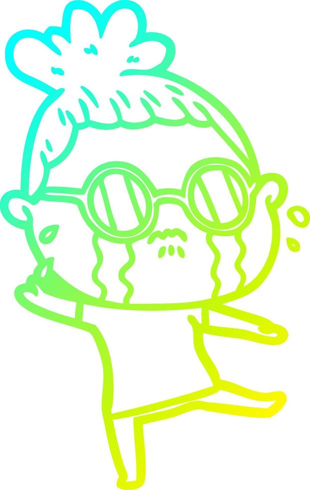 cold gradient line drawing cartoon crying woman wearing spectacles vector