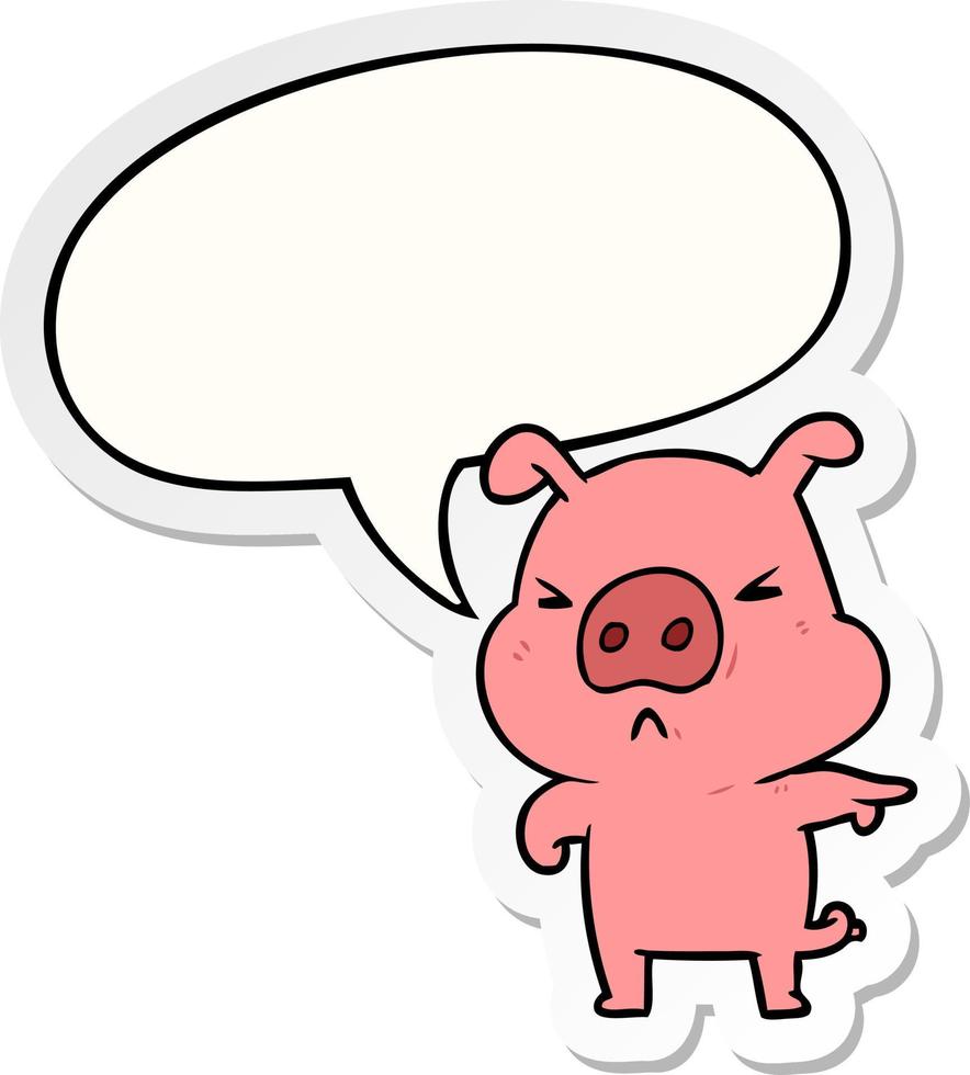 cartoon angry pig pointing and speech bubble sticker vector