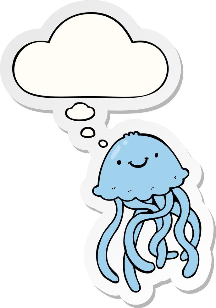 cartoon happy jellyfish and thought bubble as a printed sticker vector