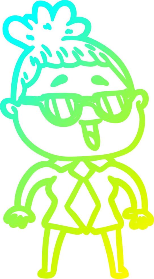cold gradient line drawing cartoon happy woman wearing spectacles vector