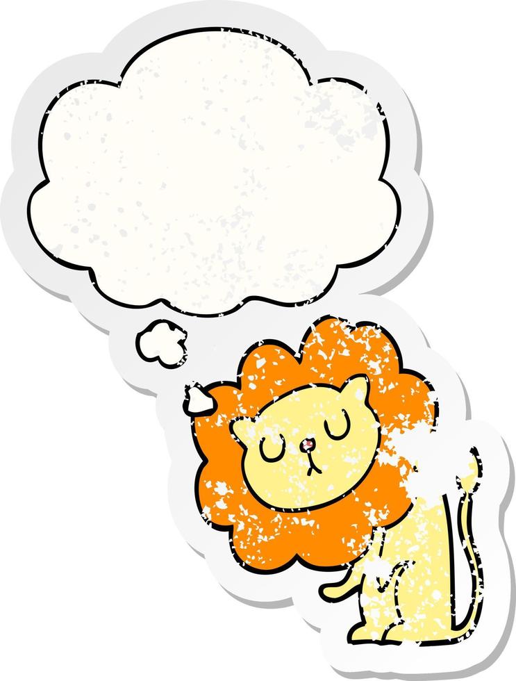 cute cartoon lion and thought bubble as a distressed worn sticker vector