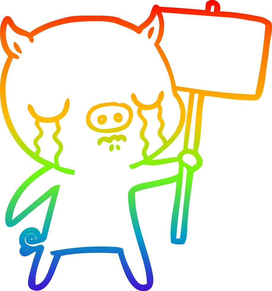 rainbow gradient line drawing cartoon crying pig with sign post vector