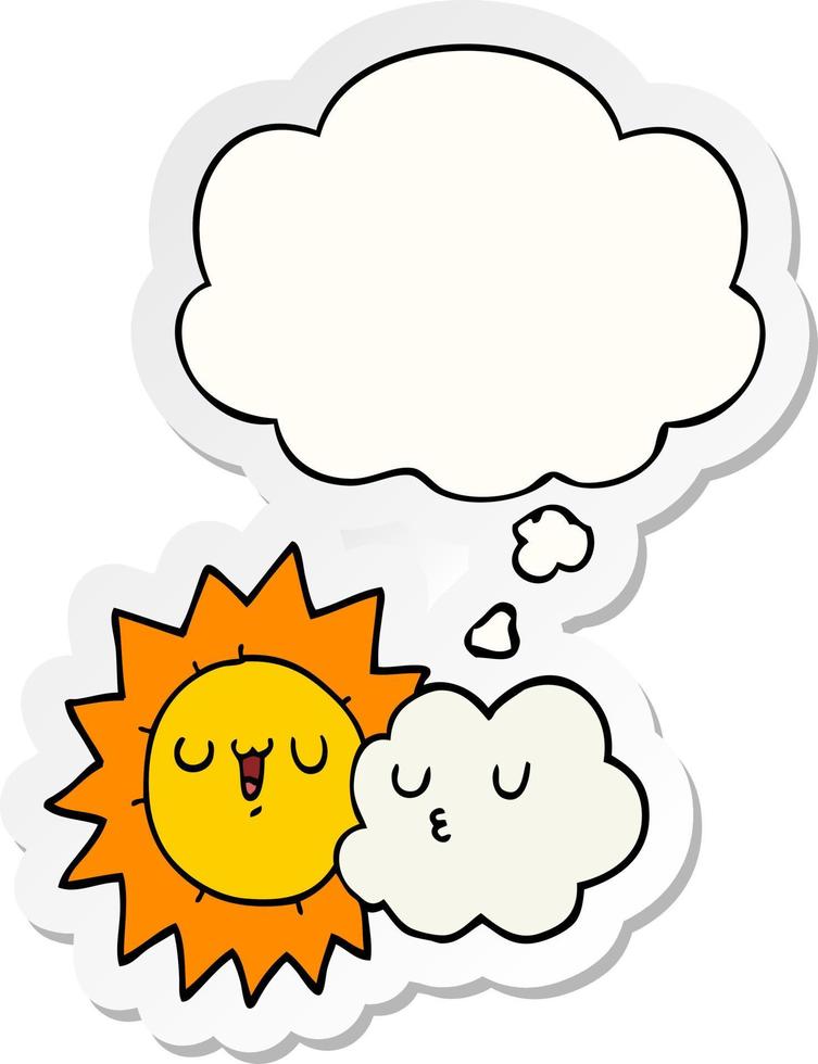 cartoon sun and cloud and thought bubble as a printed sticker vector