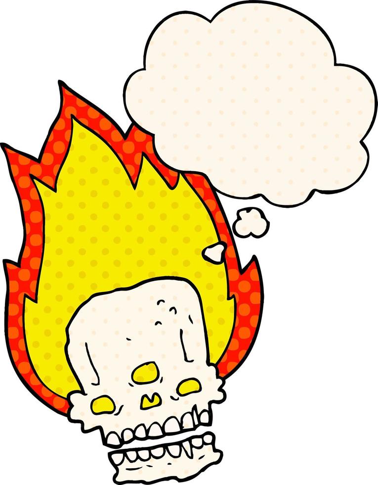 spooky cartoon flaming skull and thought bubble in comic book style vector