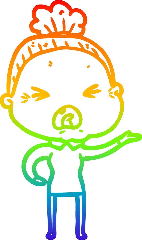 rainbow gradient line drawing cartoon angry old woman vector