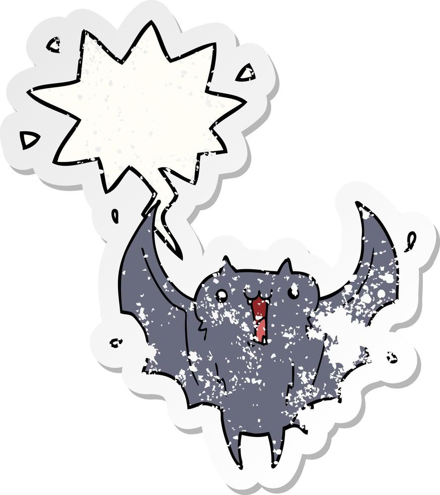 cartoon happy vampire bat and speech bubble distressed sticker vector