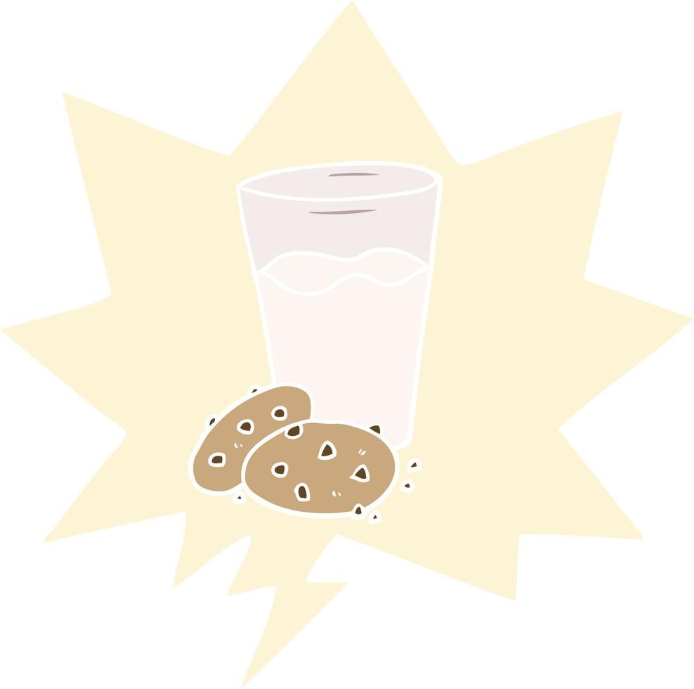 galletas de dibujos animados y burbujas de leche y habla en estilo retro vector