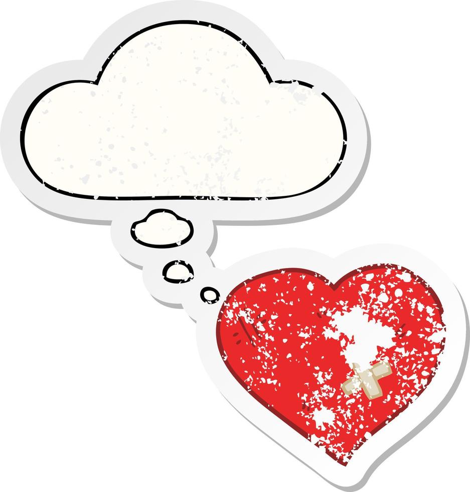 cartoon love heart with sticking plaster and thought bubble as a distressed worn sticker vector