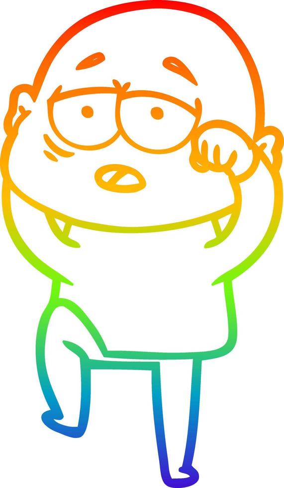 rainbow gradient line drawing cartoon tired bald man vector