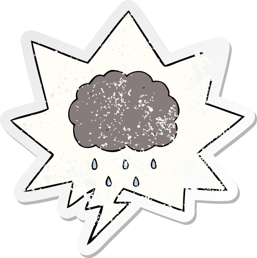 nube de dibujos animados lloviendo y etiqueta engomada angustiada de la burbuja del discurso vector