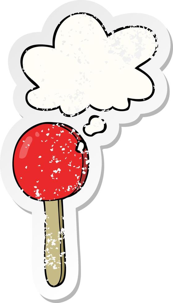 cartoon lollipop and thought bubble as a distressed worn sticker vector