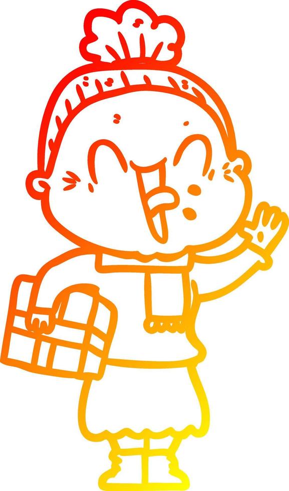 warm gradient line drawing cartoon happy old woman vector
