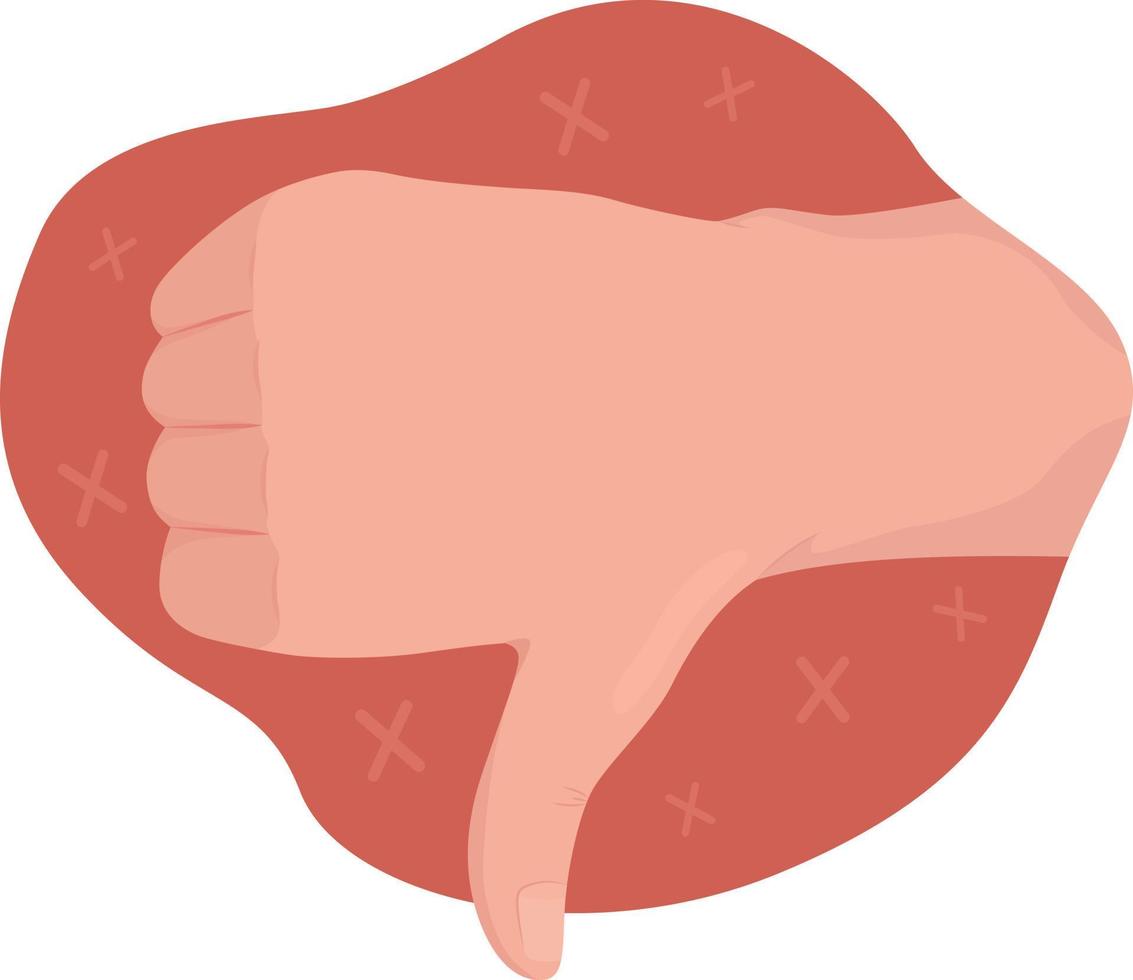 Thumbs down 2D vector isolated illustration. Disapproval flat hand gesture on cartoon background. Negative feedback and rejection colourful editable scene for mobile, website, presentation