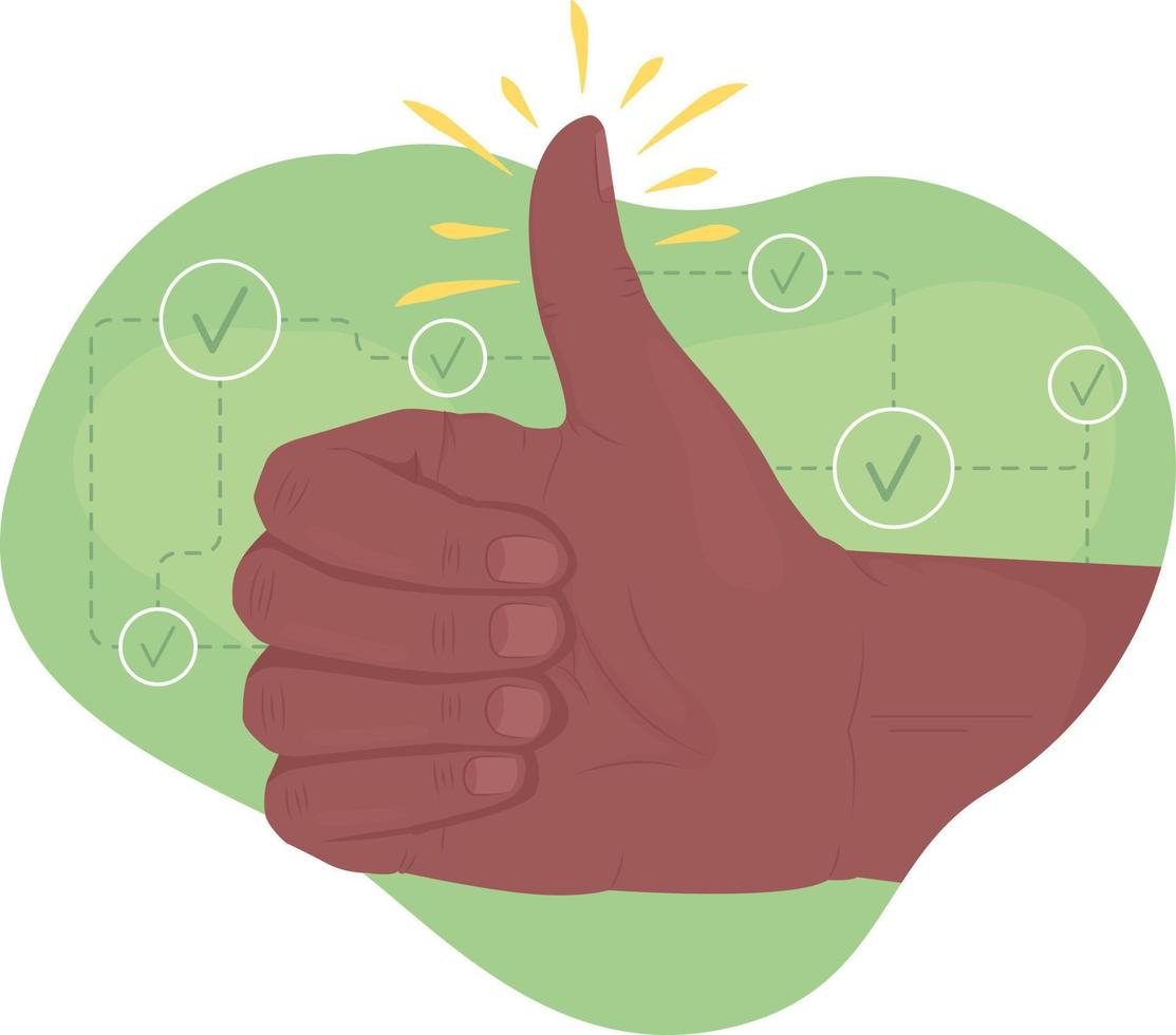 Approval 2D vector isolated illustration. Thumbs upward flat hand gesture on cartoon background. Acceptance and agreement colourful editable scene for mobile, website, presentation