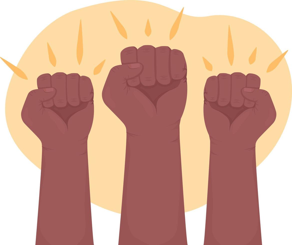 Fighting for equity 2D vector isolated illustration. Clenched fists flat hand gestures on cartoon background. Black lives matter movement colourful editable scene for mobile, website, presentation