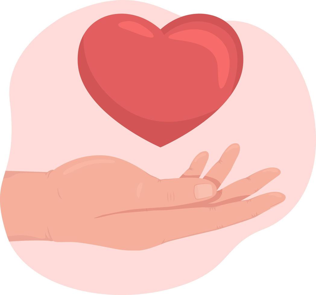 Charity 2D vector isolated illustration. Holding heart flat hand gesture on cartoon background. Volunteering and donating colourful editable scene for mobile, website, presentation