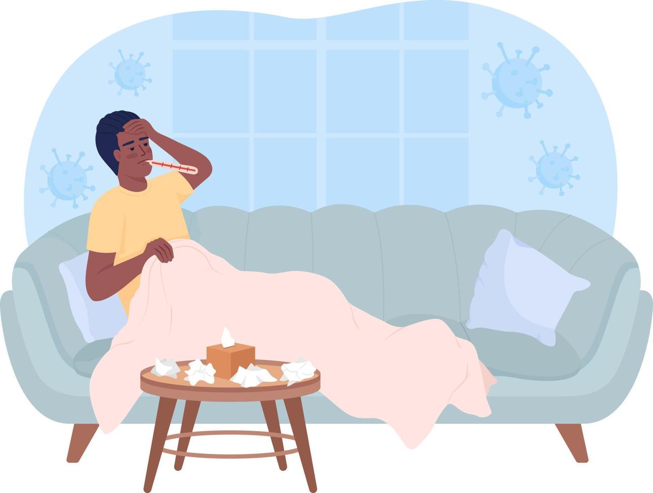 Man suffering from cold at home 2D vector isolated illustration. Virus infection. Sick flat character on cartoon background. Healthcare colourful editable scene for mobile, website, presentation