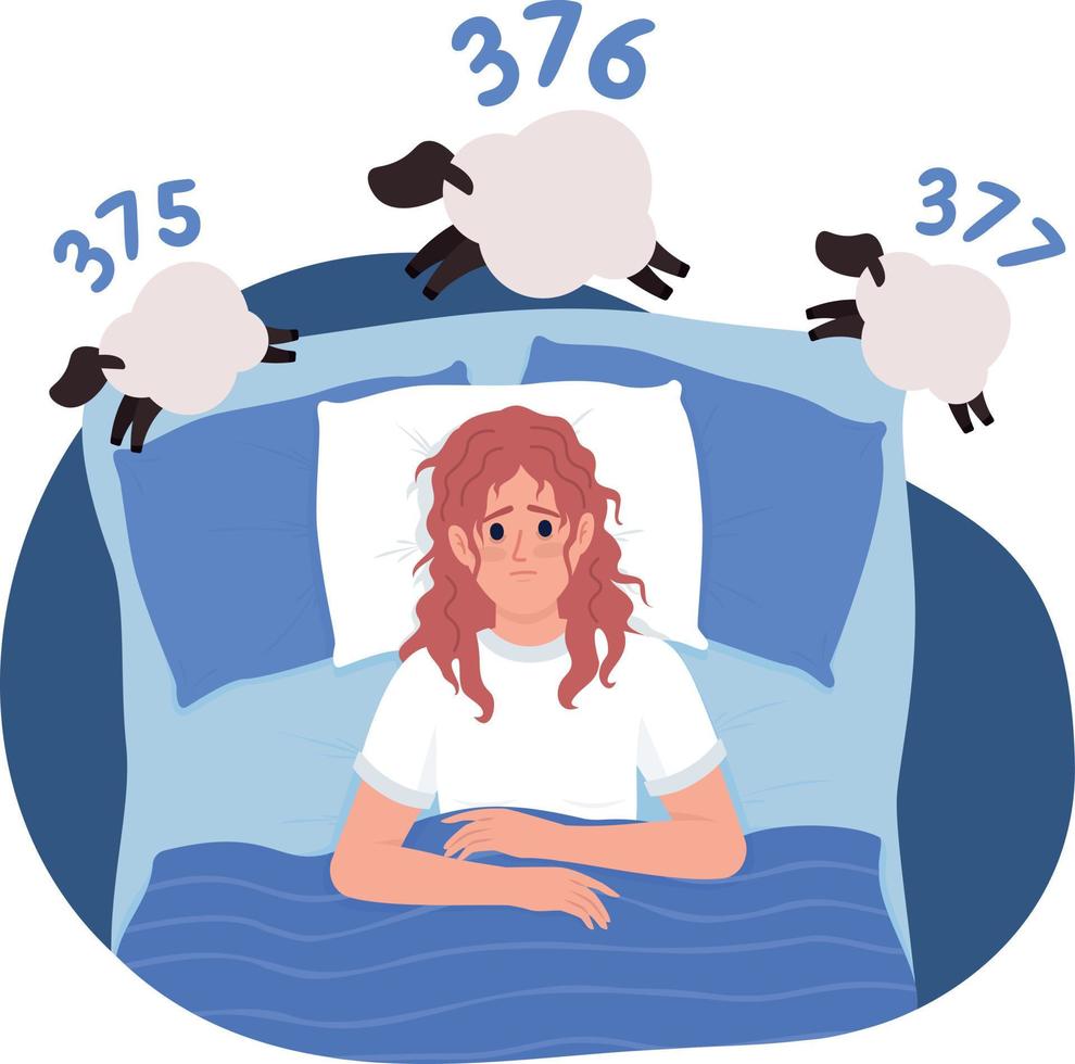 Woman with insomnia in bed 2D vector isolated illustration. Tired flat character on cartoon background. Colourful editable scene for mobile, website, presentation