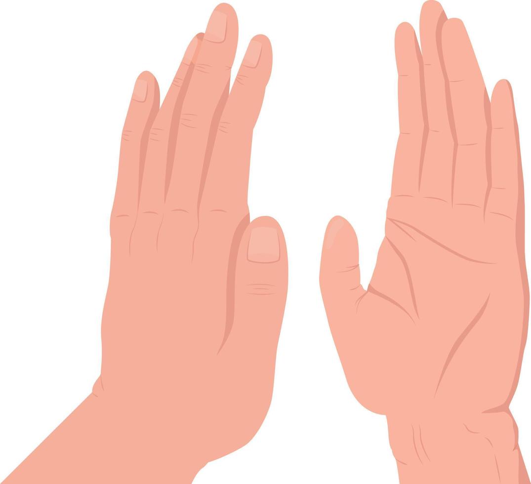 hasta cinco gestos de mano de vector de color semiplano. pose editable. parte del cuerpo humano en blanco. saludo y felicitaciones ilustración de estilo de dibujos animados para diseño gráfico web, animación, paquete de pegatinas