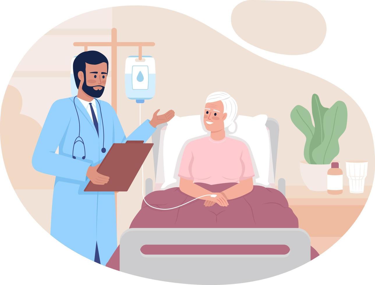 Therapist examining old patient in hospital 2D vector isolated illustration. Treatment flat characters on cartoon background. Health colourful editable scene for mobile, website, presentation