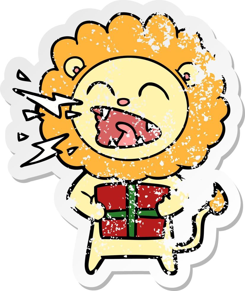 distressed sticker of a cartoon roaring lion with gift vector