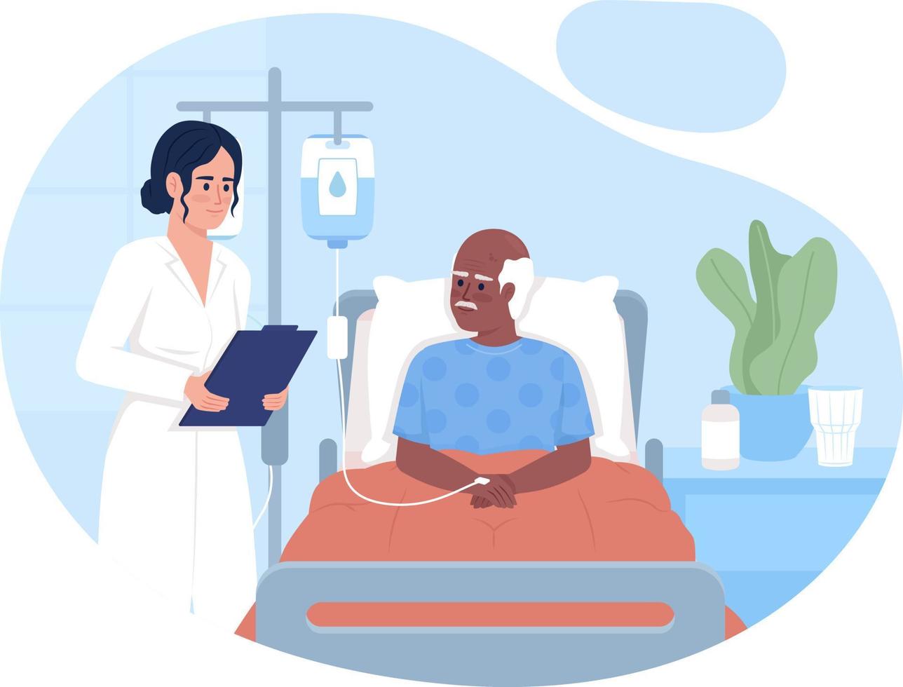 Doctor visiting senior patient in ward 2D vector isolated illustration. Medicine and treatment flat characters on cartoon background. Healing colourful editable scene for mobile, website, presentation