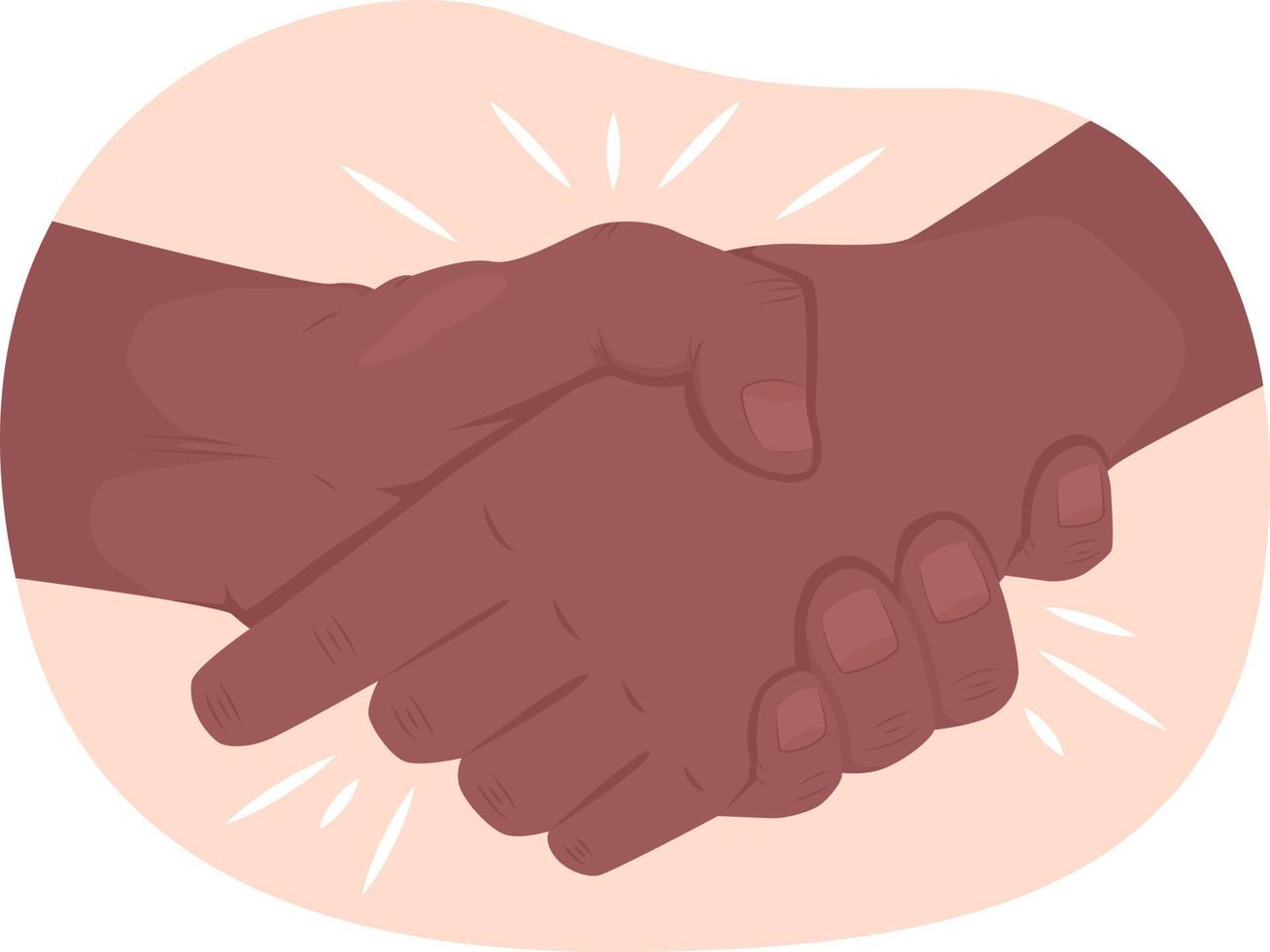 Two people shaking hands 2D vector isolated illustration. Parting custom flat hand gesture on cartoon background. Come to agreement colourful editable scene for mobile, website, presentation