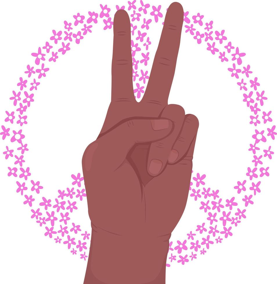 Peace semi flat color vector hand gesture. Editable pose. Human body part on white. Flower pacifism symbol cartoon style illustration for web graphic design, animation, sticker pack