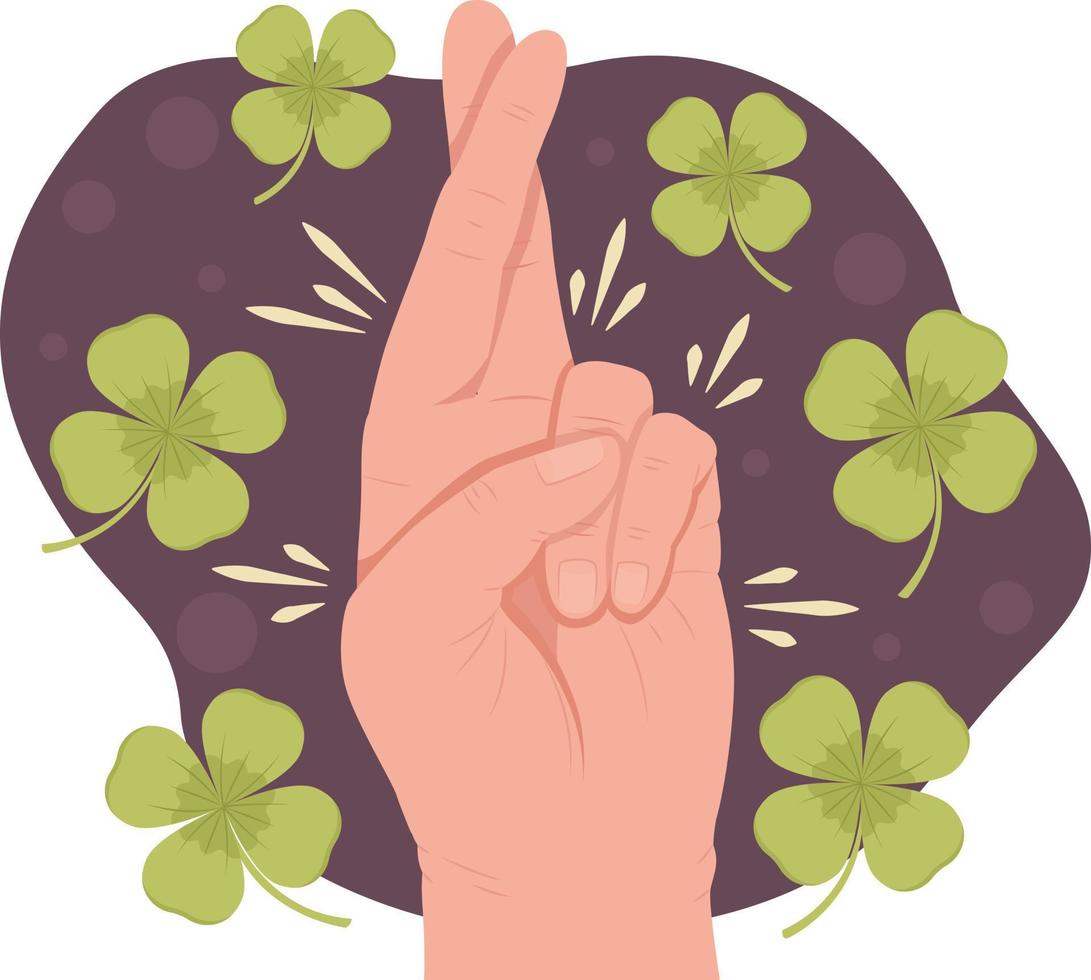 Wishing for good luck 2D vector isolated illustration. Crossed fingers flat hand gesture on cartoon background. Superstition colourful editable scene for mobile, website, presentation