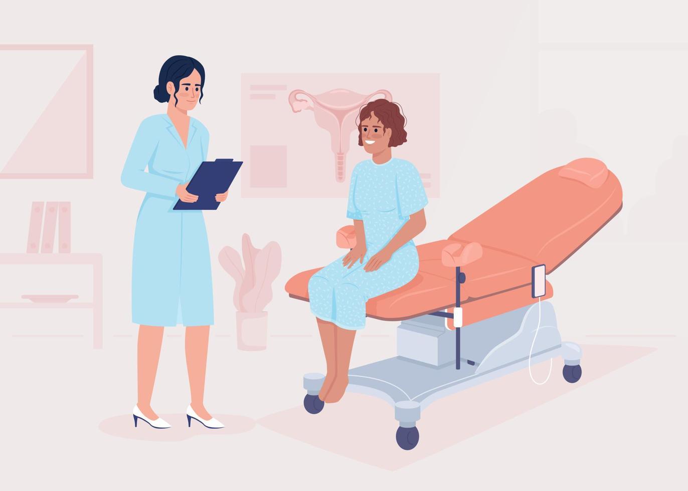 mujer visitando ginecólogo ilustración de vector de color plano. cita con el médico. salud femenina. examen del paciente personajes de dibujos animados simples 2d totalmente editables con hospital en el fondo