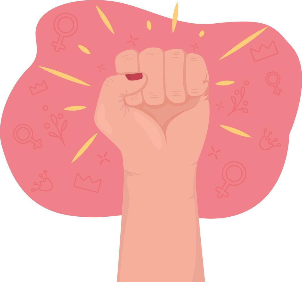 Girl power 2D vector isolated illustration. Feminism. Raised fist flat hand gesture on cartoon background. Fighting for women rights colourful editable scene for mobile, website, presentation