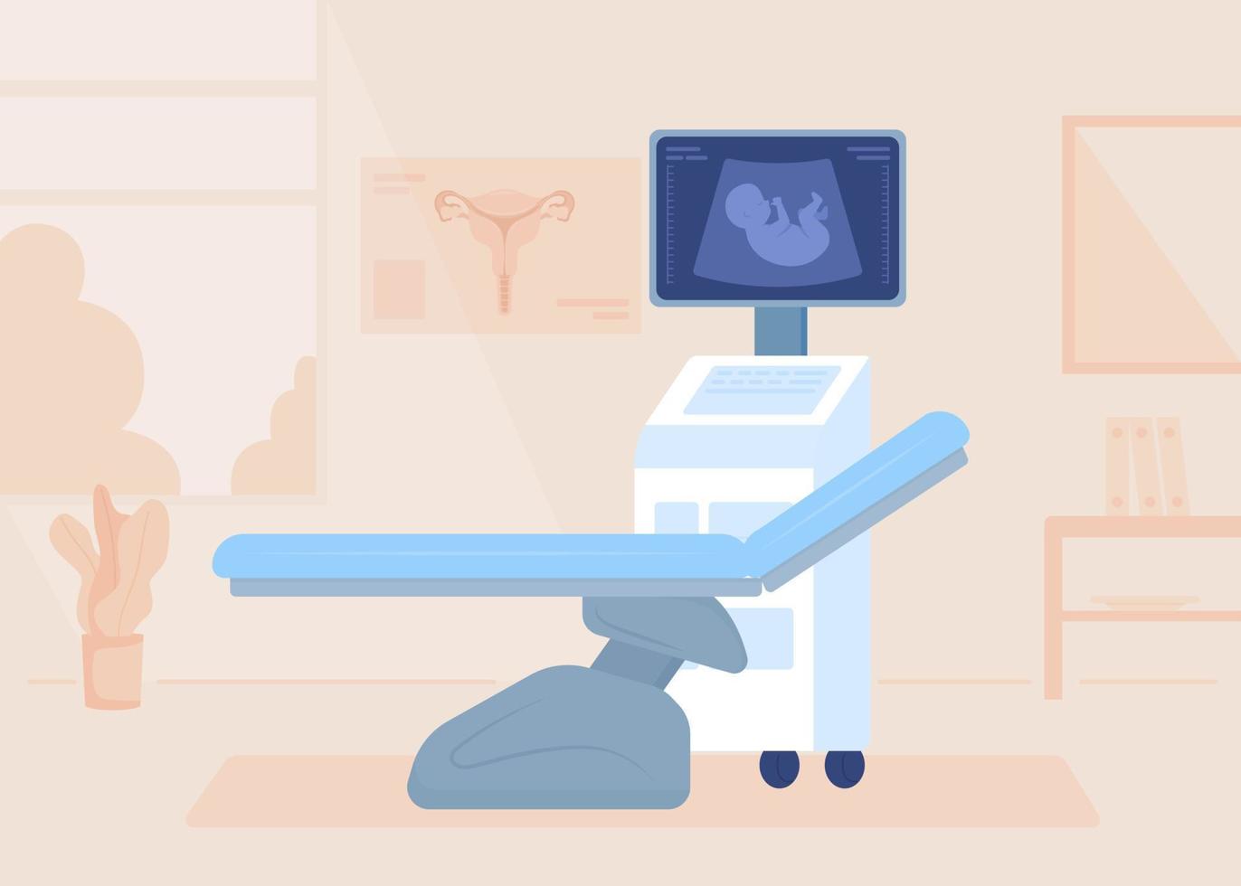 escáner ultrasónico en gabinete ginecológico ilustración de vector de color plano. examen de mujeres embarazadas. interior de dibujos animados simple 2d completamente editable con oficina de hospital en el fondo