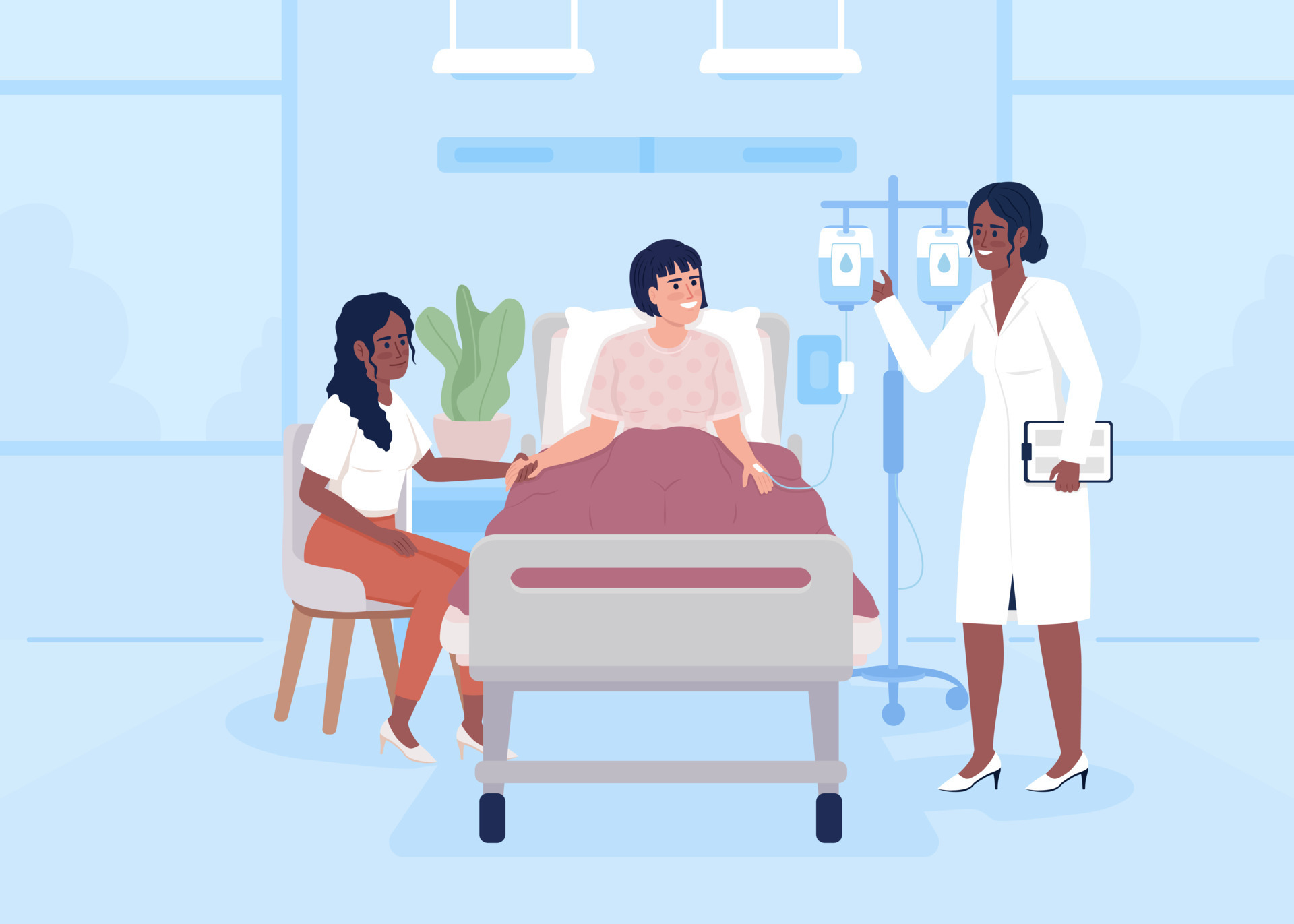 Therapist visiting sick woman in ward flat color vector illustration.  Hospital treatment. Patient care. Fully editable 2D simple cartoon  characters with clinic interior on background 10503854 Vector Art at  Vecteezy