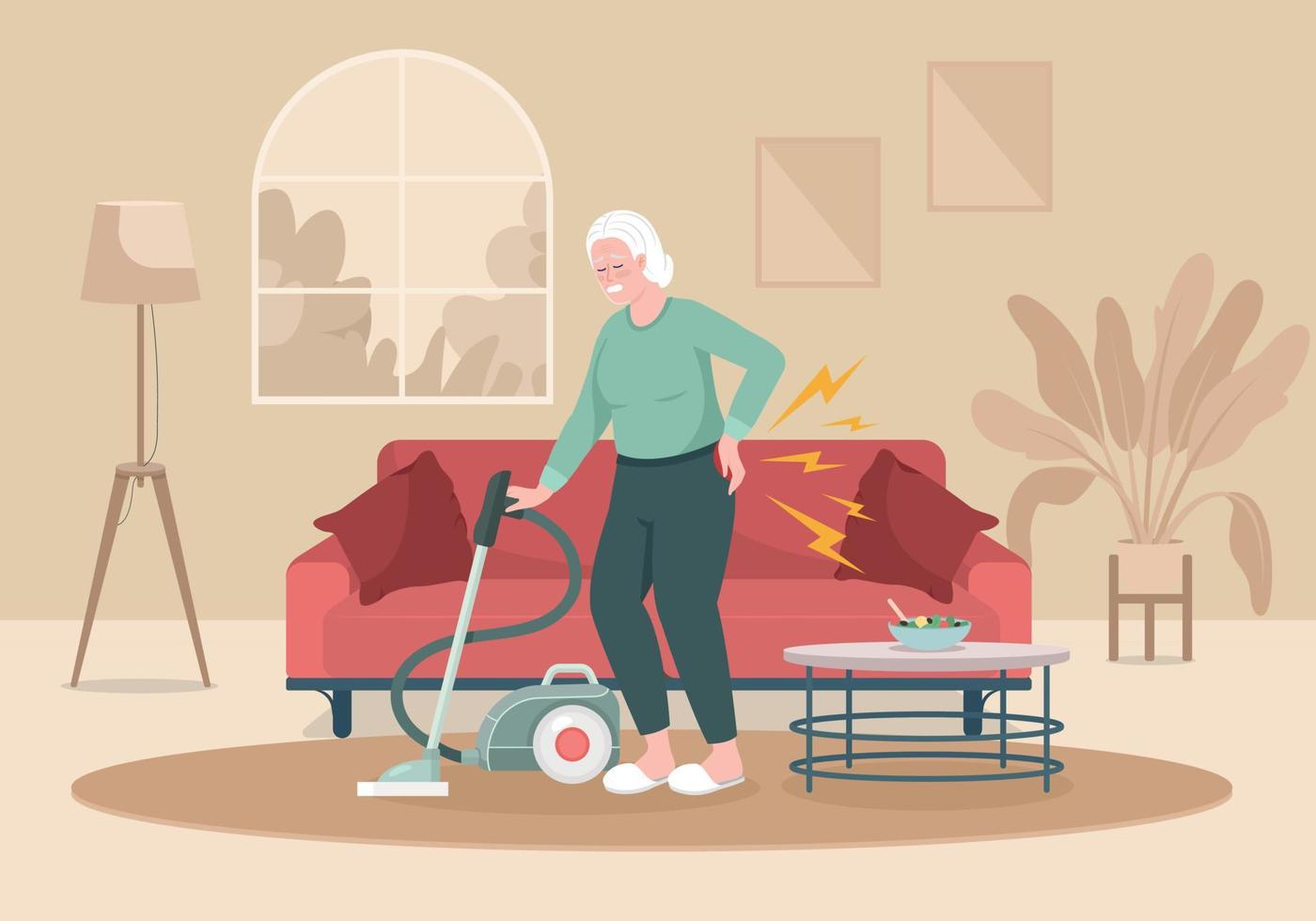 Senior woman with back pain cleaning house flat color vector illustration. Lower back pain attack. Spine disease. Fully editable 2D simple cartoon character with living room on background